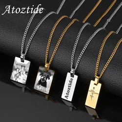 Atoztide Personalized Engrave Picture Name Necklace Stainless Steel for Women Strip Round Heart Side Chain Pendant Jewelry Gift