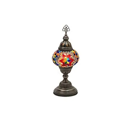 LaModaHome English Moroccan Handmade Mosaic Glass Table Lamp Light with Decorative Dark Copper Fixture for Bedroom, Livingroom a