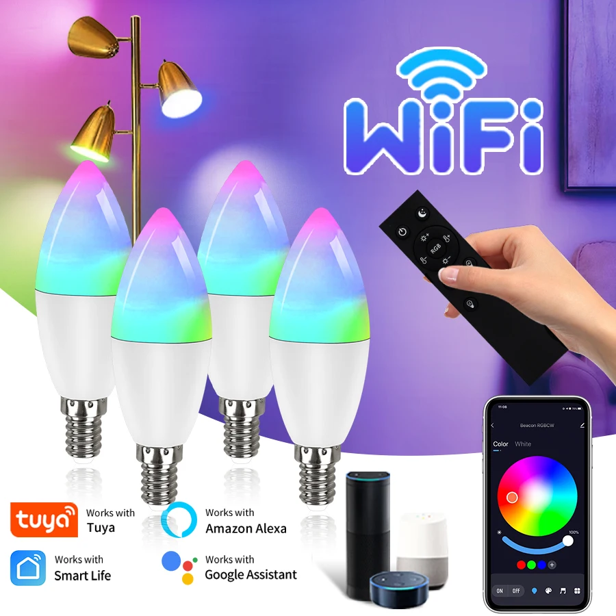 Tuya Wifi Led Bulb E14 220V Smart Life Candle Light with RF 2.4G Remote Group Control Alexa Google SmartThings Dimmable RGB Lamp