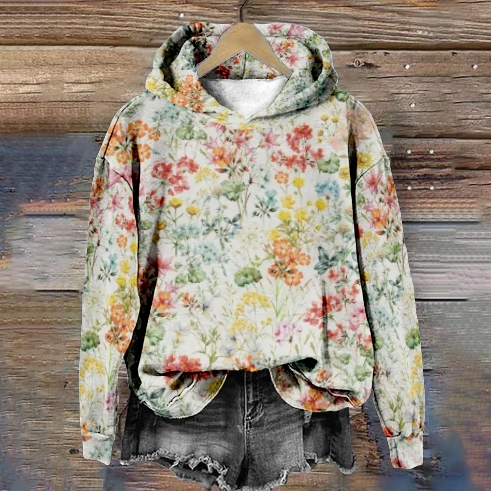 Fashion Hoodie for Women Flowers Print Harajuku Long Sleeve White Sweatshirt Casual