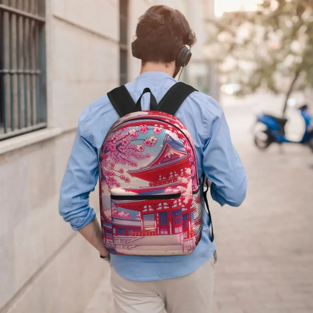 Traditional Asian Architecture With Cherry Blossoms Backpack School Bag Hiking Travel Daypack for Unisex Bookbag Shoulder Bags
