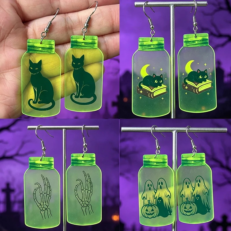 Halloween Green Fluorescent Bottle Ghost Pumpkin Earrings Strange Black Cat Book Gesture Scorpion Earrings Halloween Decoration