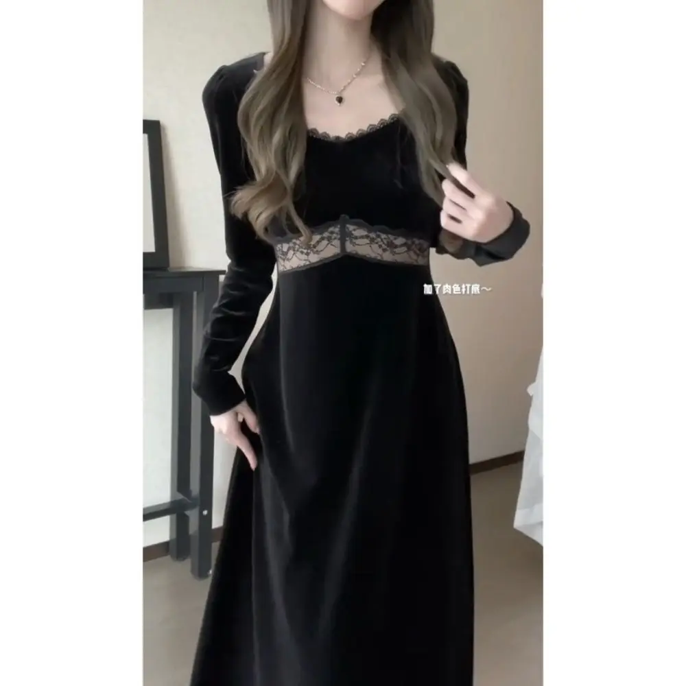 Velvet Knee Length Long Skirt for Women\'s Autumn and French Princess Temperament Waist Cinching and Slimming High-end Dress