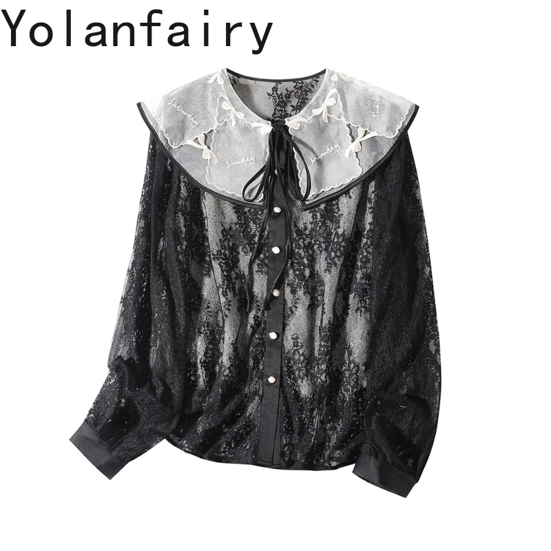 

YOLANFAIRY Real Silk Organza Spliced Lace Shirts for Woman 2025 Autumn Long Sleeve Shirts Women Top Doll Collar Ladies Blouses