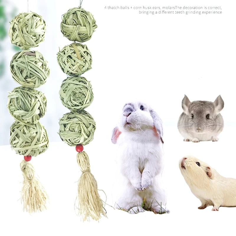 for Hay Grass Treat Bunny Chew Toys Natural Thatch Hanging Balls Toy for Rabbit Squirrel Ferret Small Pets Dental Care