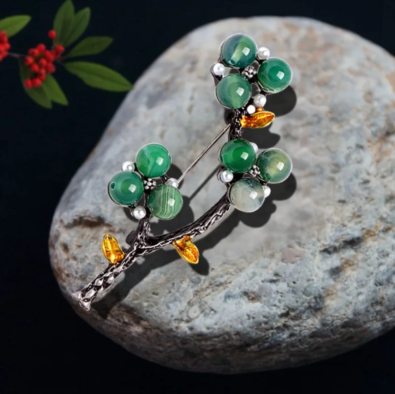 Creative Vintage Natural Stone Branch Flower Inlaid Rhinestone Brooch Pin Clothing Accessories