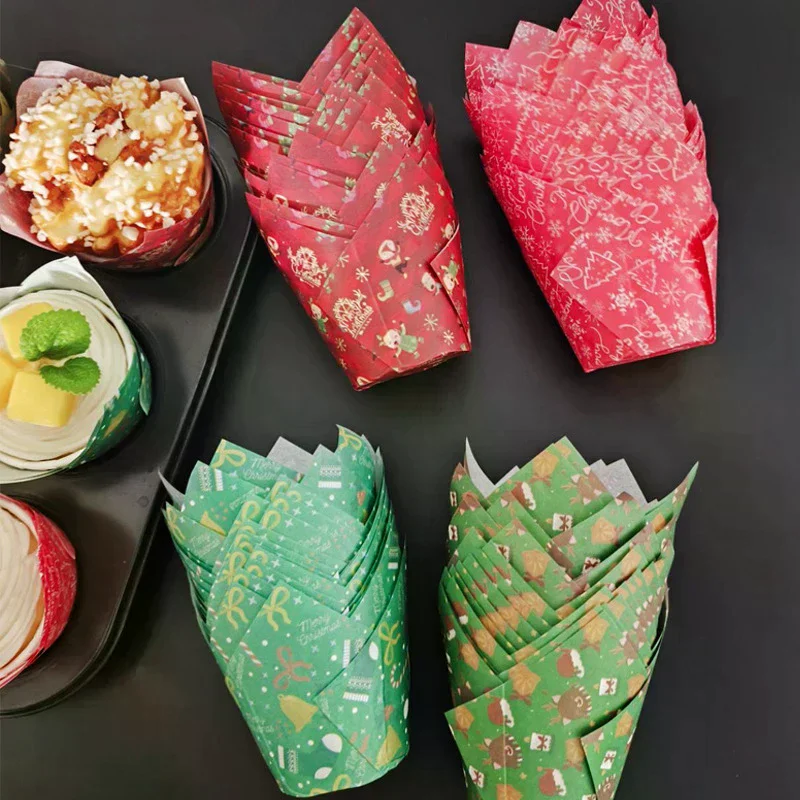 50pcs Christmas Tulip Muffin Cupcake Paper Cups Oilproof Cupcake Liner Baking Muffin Box Cup Cake Decorating Tool Wrap Cases