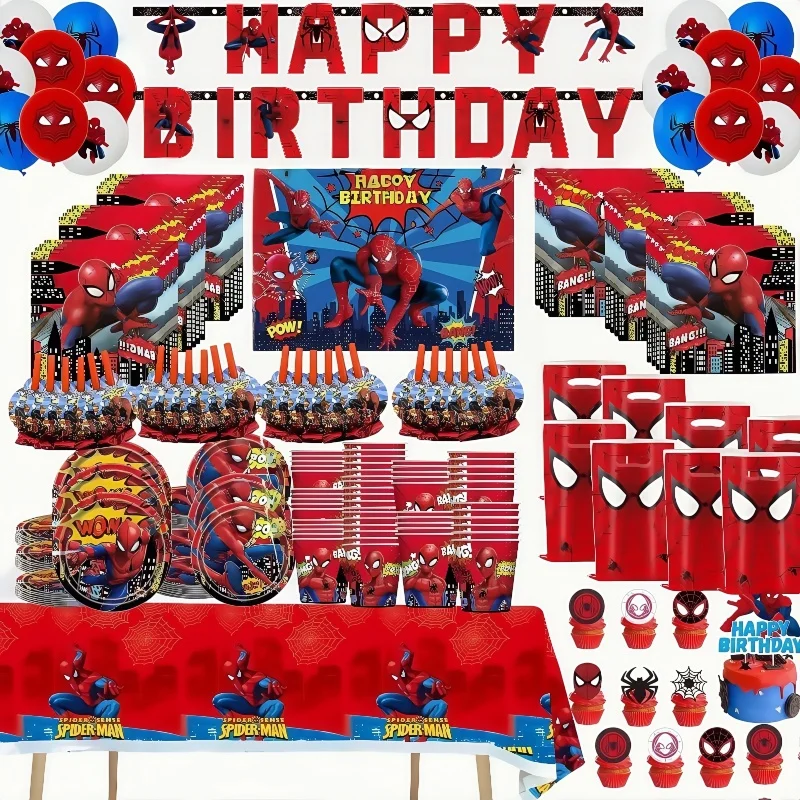 Les fournitures de fête Spiderman comprennent une tasse de serviette, une nappe, une assiette pour enfants, une douche d'anniversaire, des décorations pour la journée des enfants