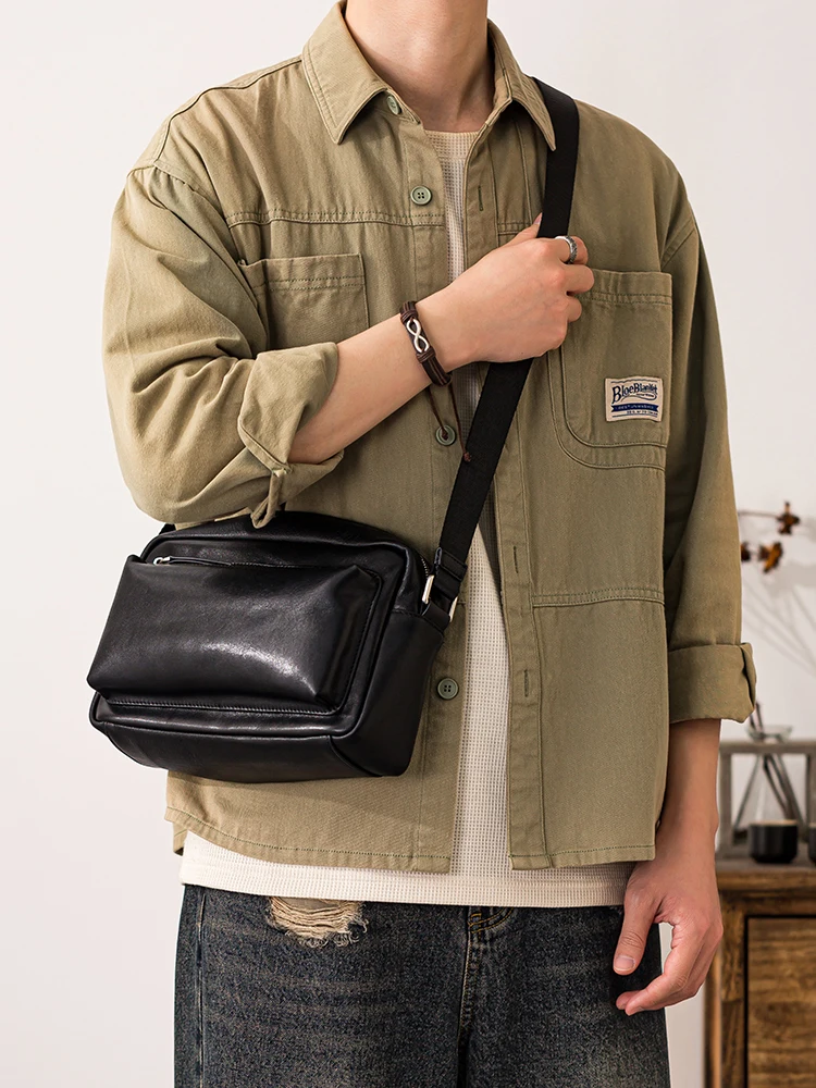 Outdoor daily travel simple handmade genuine leather men's black shoulder bag casual luxury cow leather teens crossbody bag