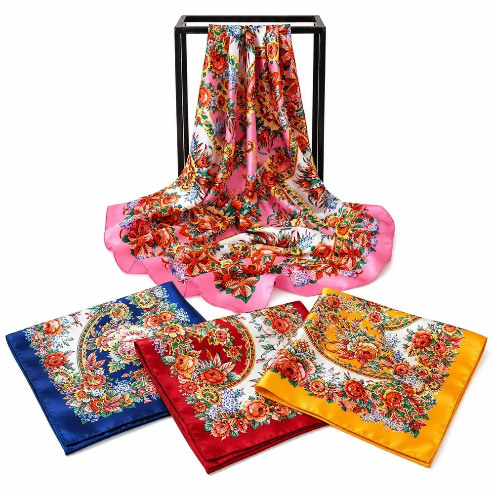 90x90cm Silk Imitation Scarves Thin Breathable Smooth Silky Feel Square Print Scarves Floral Print Multi-Function Neck Scarf