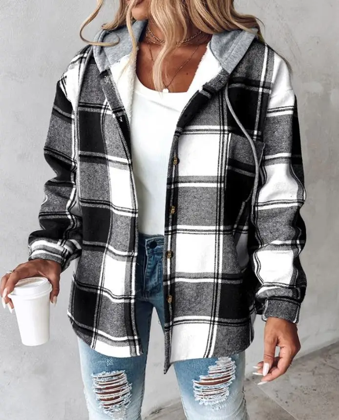 

Plus Size Plaid Print Button Front Thermal Lined Drawstring Hoodie Jacket Casual Pocket Design Drop Shoulder Coat
