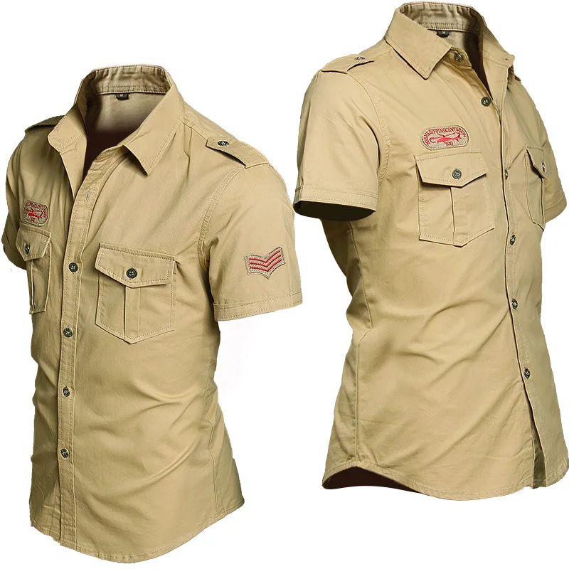 Military Cargo Shirts Men Big Size 6XL Summer Short Sleeve Embroidery Bomber Shirt Outdoor Pilot Multi-pocket Wear-resistant Top