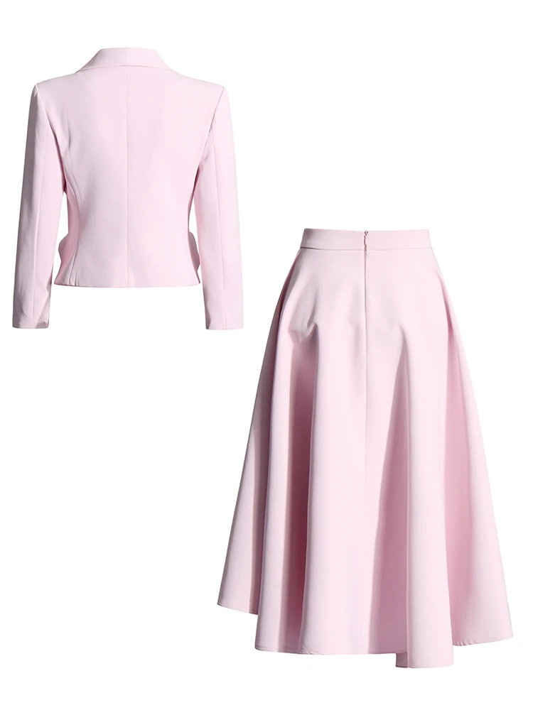 Formal Spliced Appliques Two Piece Set For Women V Neck Long Sleeve Top High Waist Midi Skirt Chic Sets Female Spring Clothing