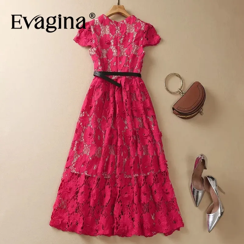 Evagina Fashion Women's New Round Neck Short-Sleeved Water Soluble Lace Hollow Out Elegant Ball Gown Vintage Belt MIDI Dress