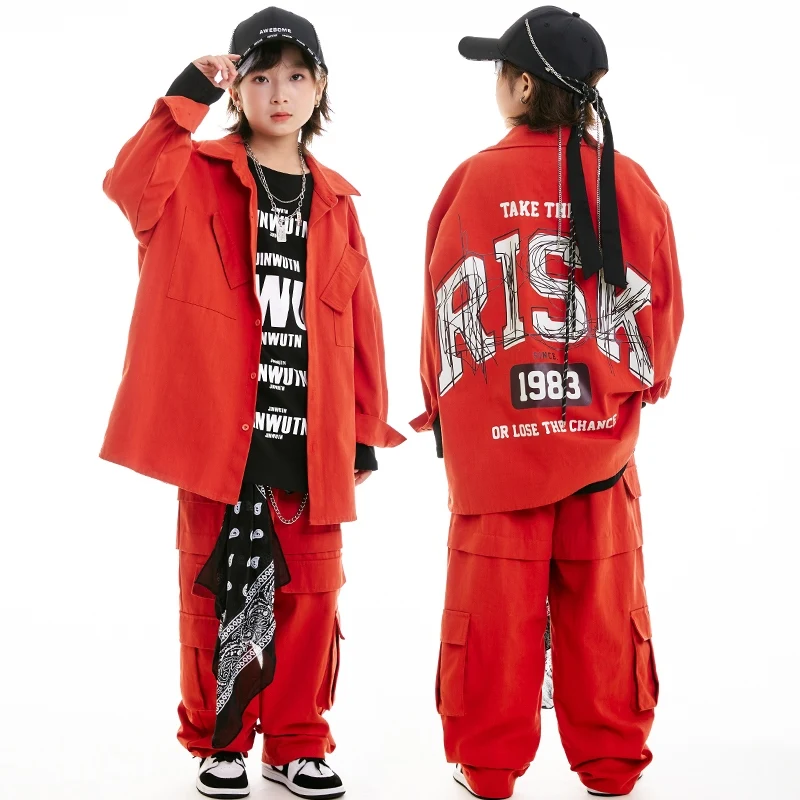 New Kids Street Dance Clothing Hop Hop Red Shirt Coat Pants Boys Hiphop Performance Costume Girls Modern Jazz Stage Wear BL13977