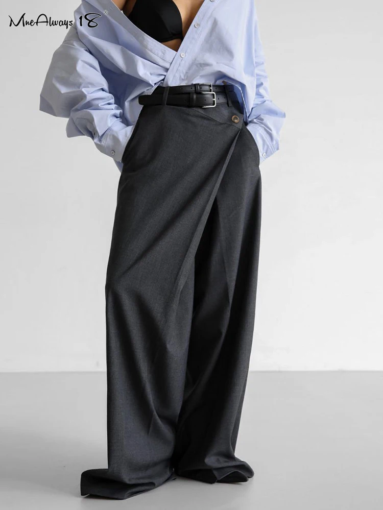 Mnealways18 Fashion Irregular Wide Leg Pants Office Lady High Waist Pleated Floor-Length Trousers Solid Women Palazzo Pants 2024