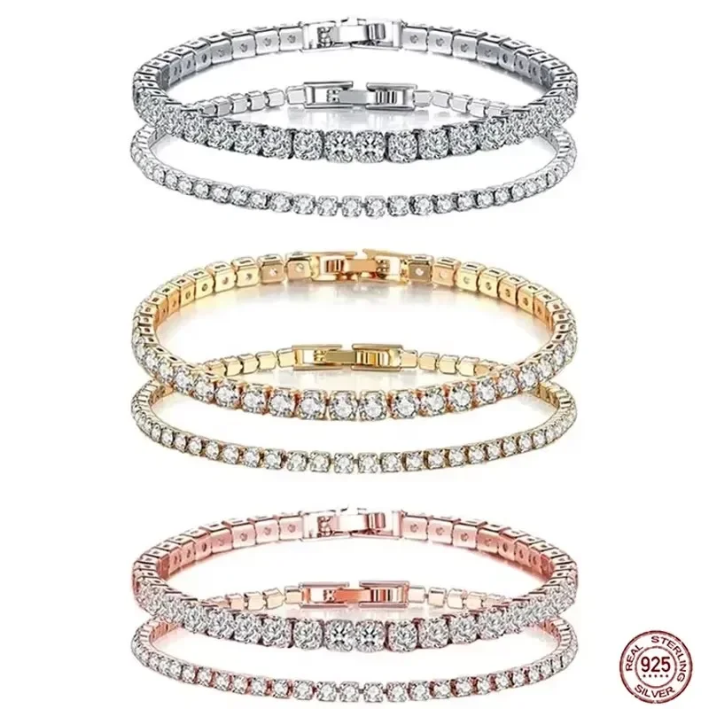 

New 925 Sterling Silver Fashionable Hip Hop Style Classic Full Zircon Tennis Shining Bracelet Exquisite Bracelet DIY Couple Gift