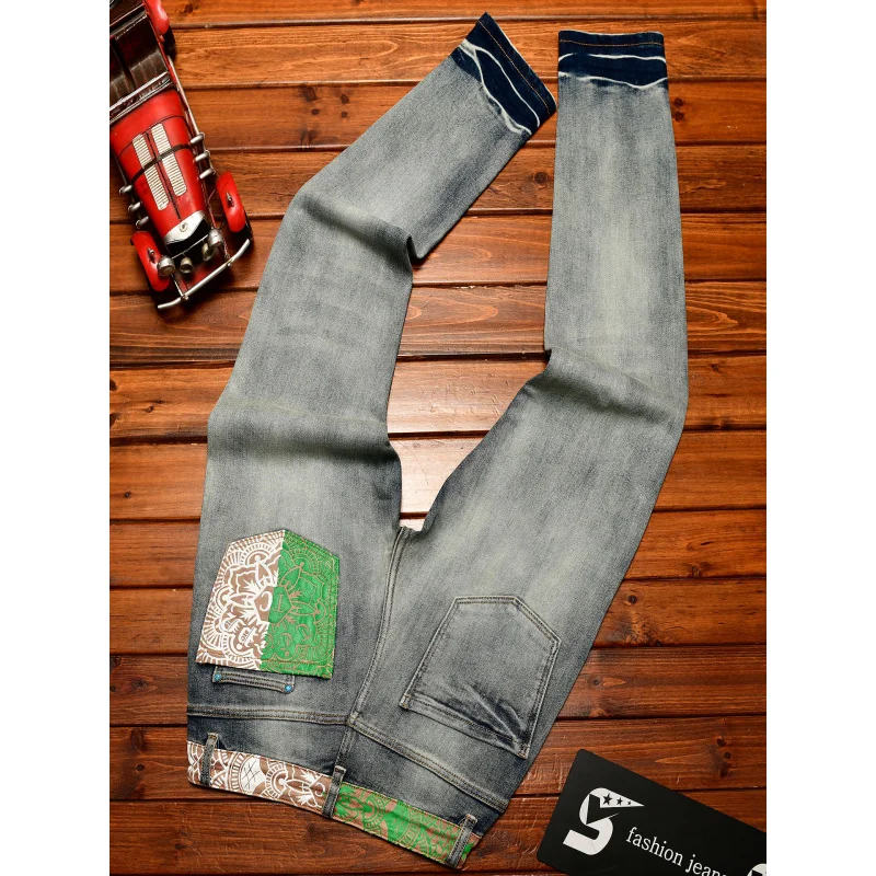 بنطال جينز ريترو عتيق للرجال، أزياء فاخرة خفيفة مطبوعة ممزقة بقصة ضيقة على الطراز الأمريكي العصري