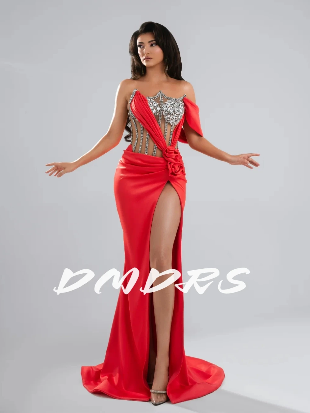 

Glamorous Rhinestone Embellishment Evening Dress Sexy High Slit Corset Prom Gown With 3D Rose Customized For Formal Party