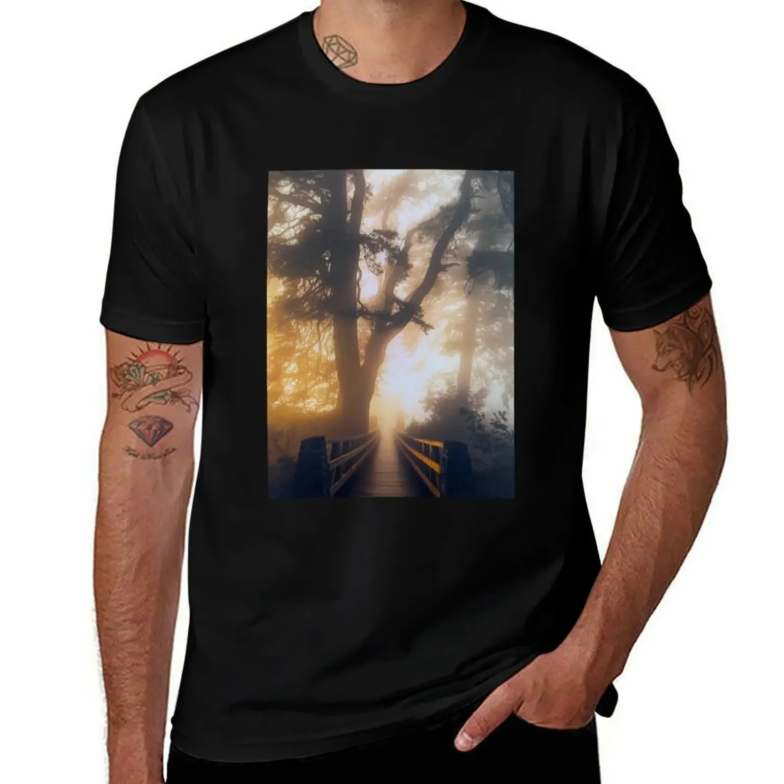 

Golden Sunlight Wooden Bridge in Foggy Forest T-Shirt baggy shirts animal prinfor boys Men's cotton t-shirt