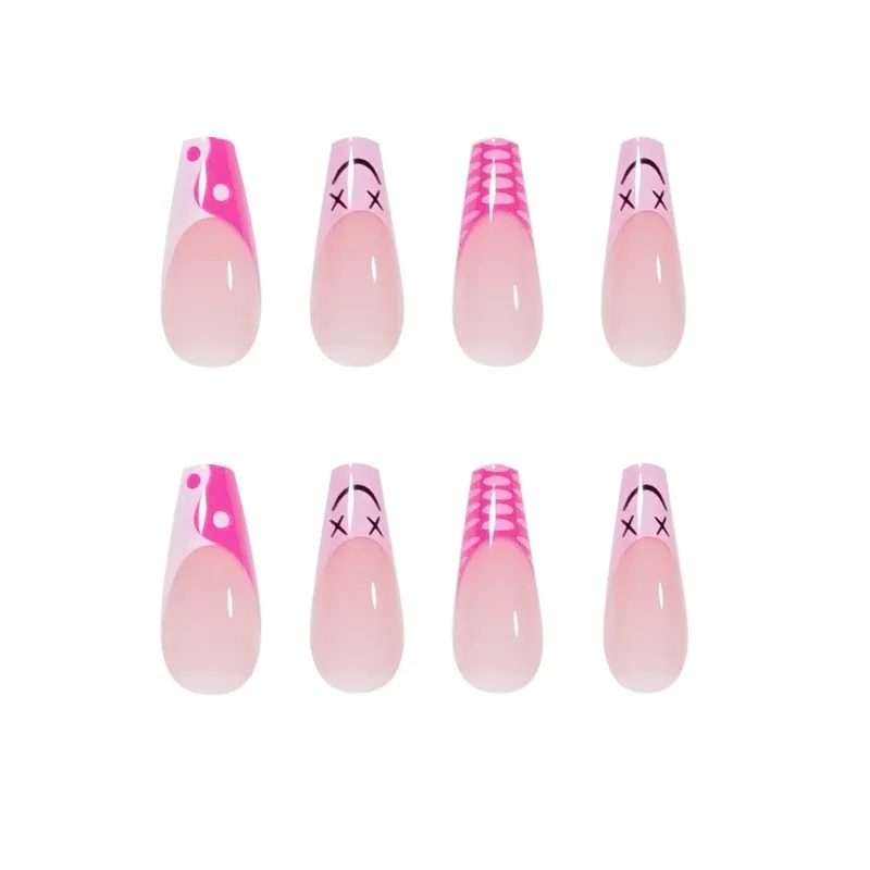 24 Stuks Franse Volledige Dekking Lange Kist Nep Nagels Met Lijm Gereedschap Manicure Nail Art Pers Op Nagels Tips Roze Koe Ontwerp Valse Nagel