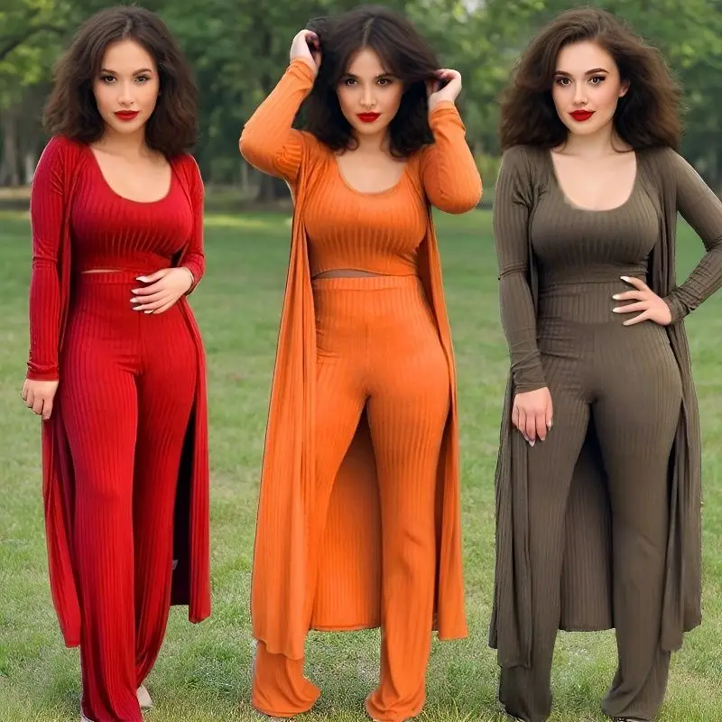 Three Piece Set Women Tank Top X Long Sleeve Cardigan Coat Nightclub Cloak Outfit Elegant Stretch 3 Pcs Leisure Suits Rib Knit