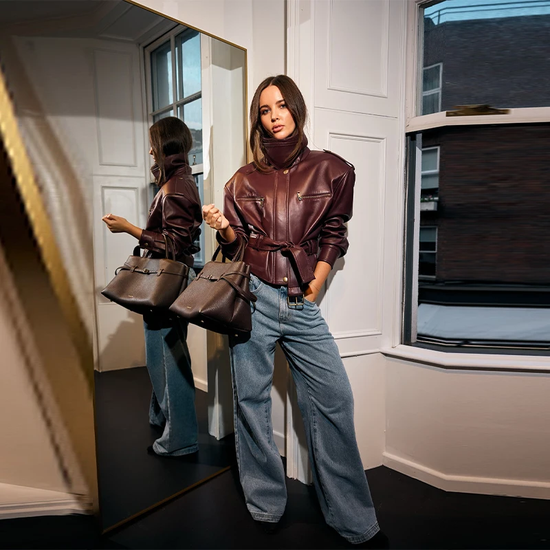 Vintage Women's Leather Jacket Stand Collar Pocket Short Coat Retro Waistband Zipper Outwear 2025 New Autumn Winter Lad Jackets