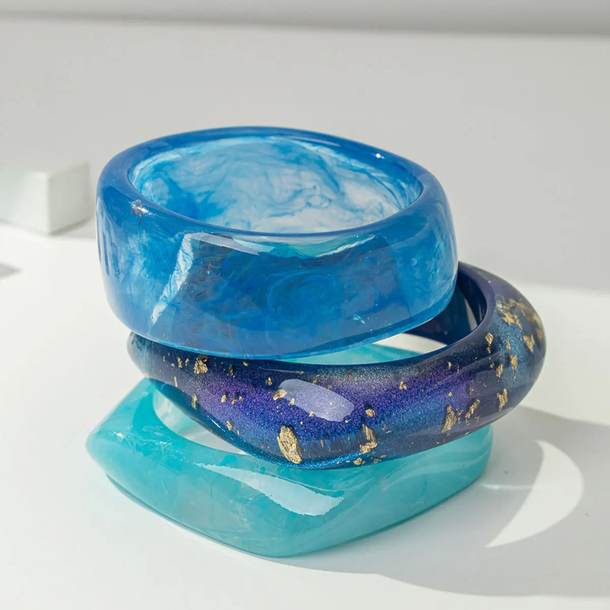 3Pcs/Set Vintage Blue Irregular Geometry Resin Wide Bangle for Women Exaggerated Chunky Cuff Bracelets Boho Jewelry Popular Gift