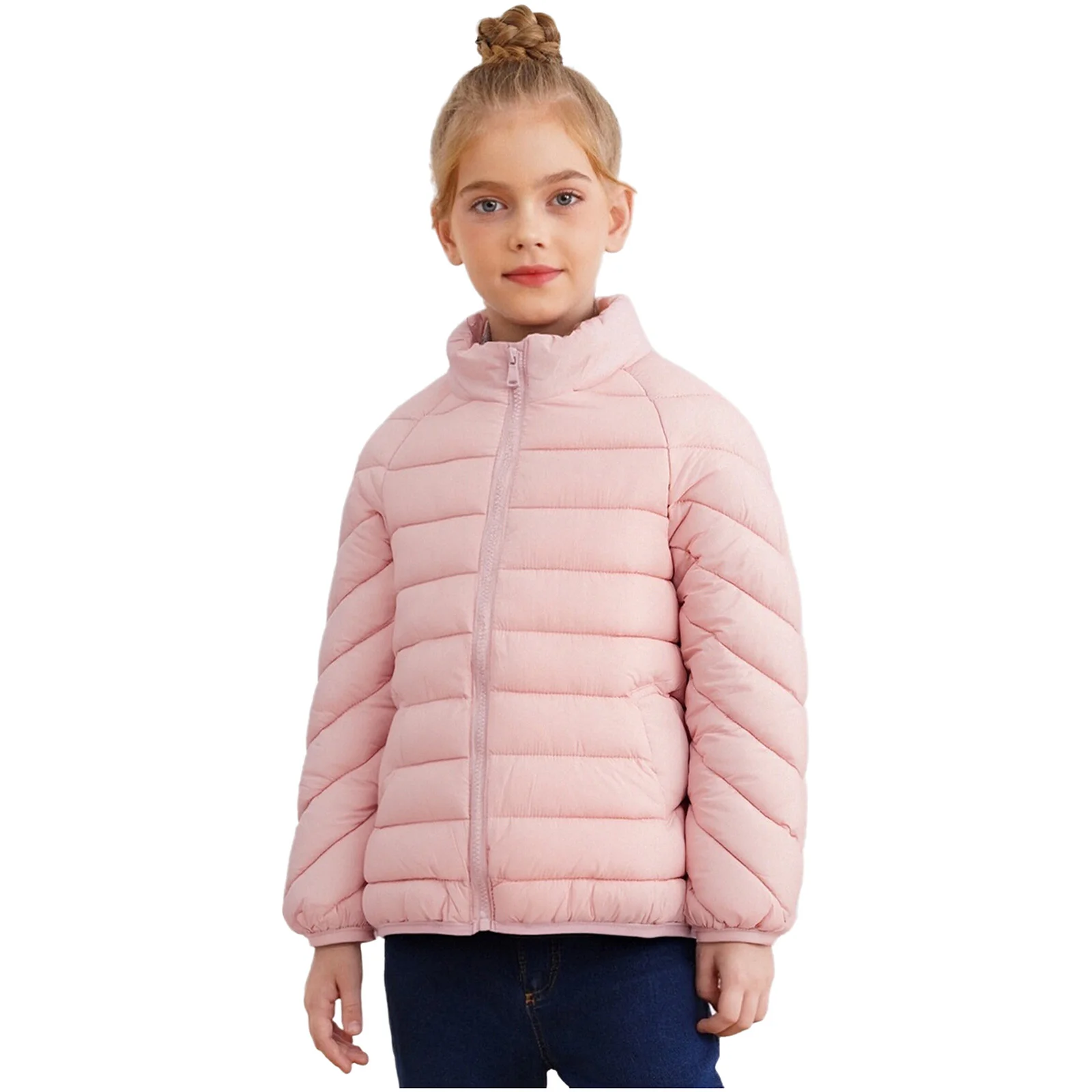 

Kids Girls Winter Padded Jacket Coat Casual Lightweight Stand Collar Long Sleeves Zip-Up Coat Outerwear for Outdoor Camping Park