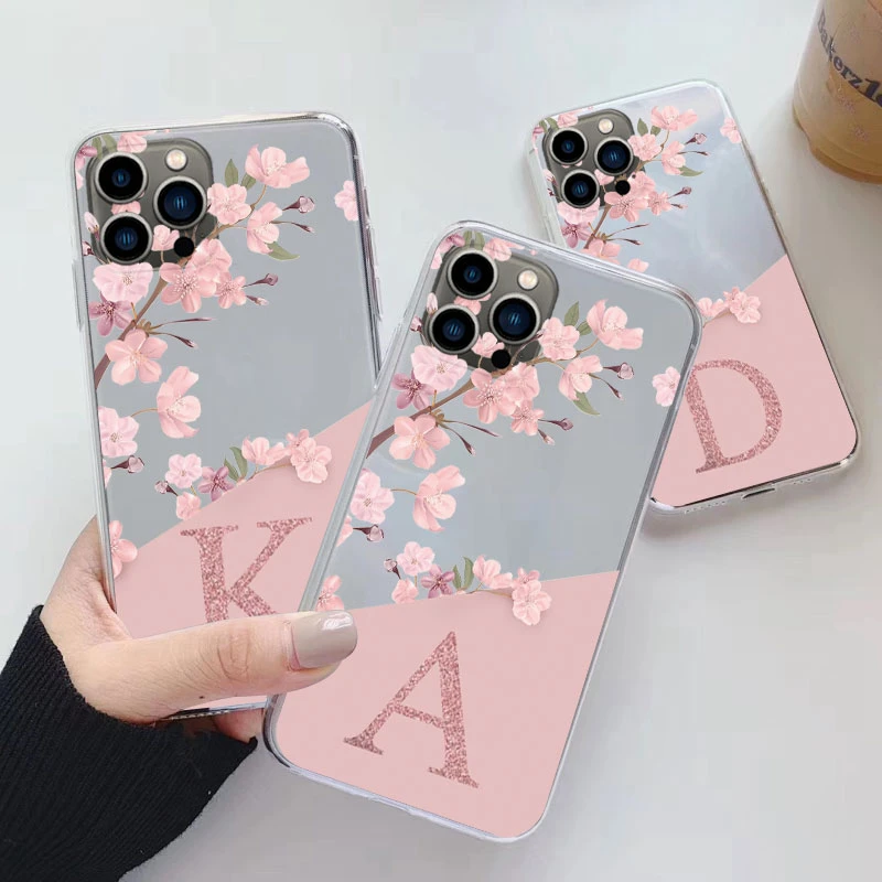 Etui na iPhone 12 Pro Max 12 z motywem kwiatów, przezroczyste, miękkie silikonowe pokrowce na iPhone 12, etui z alfabetem, przezroczyste etui.