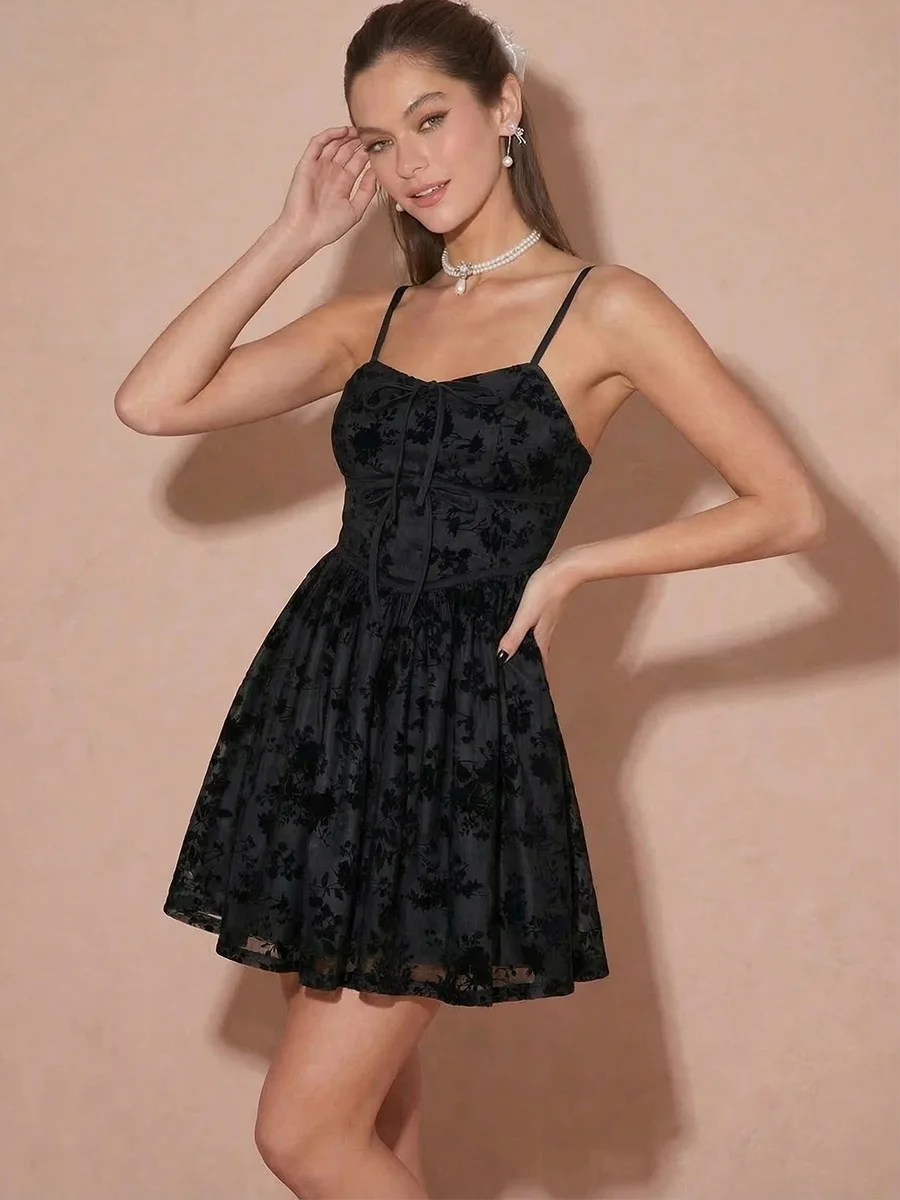 

Women's Black Floral Print Mini Dress Spaghetti Strap Bow Front A Line Flowy Dress For Party Date Summer Casual Wear