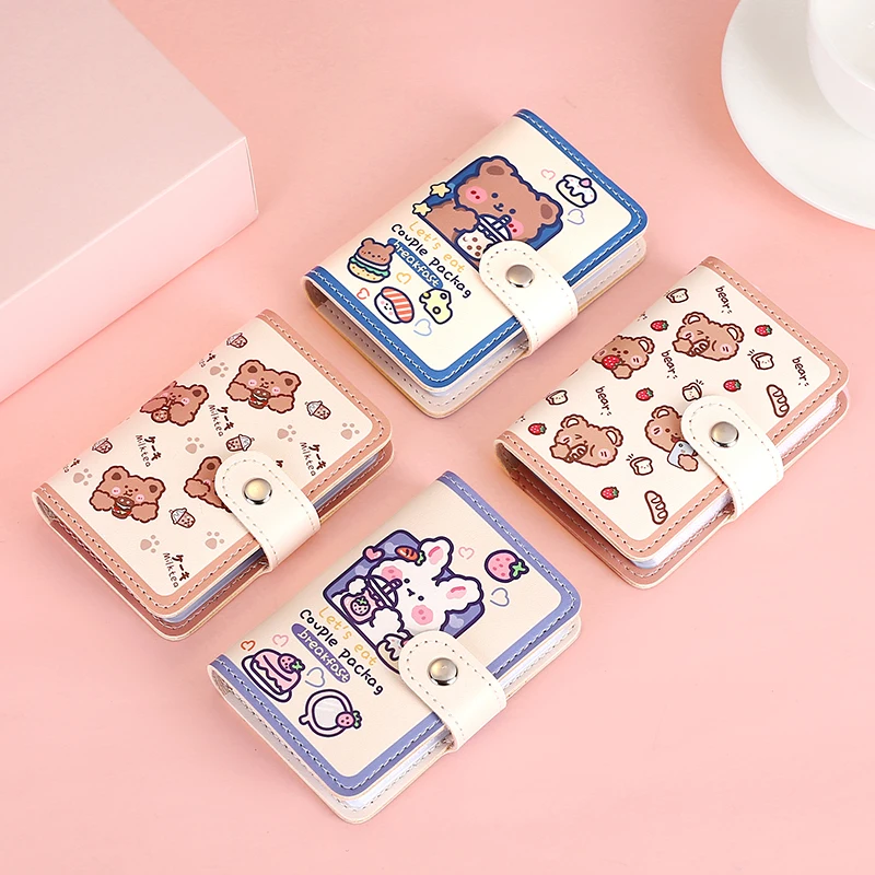 Urso Kawaii PU Titular do cartão de couro, Bonito Multi Grids, ID do negócio, Caixa de cartão de crédito, Porta-cartões Photocards, Carteira Portátil Pequena