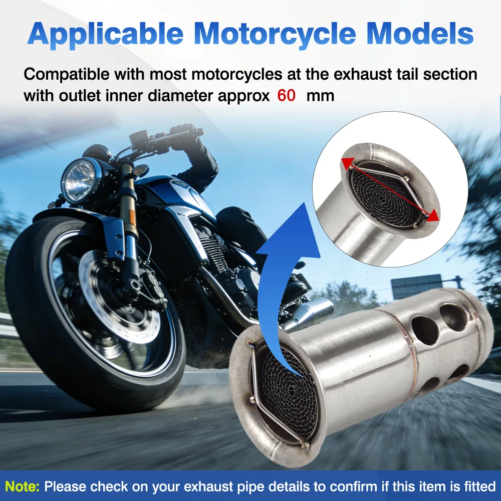 

Stainless Steel 60 mm Motorcycle Exhaust DB Killer Insert Accessories For most motorcycles with exhaust inner diameter 60 mm