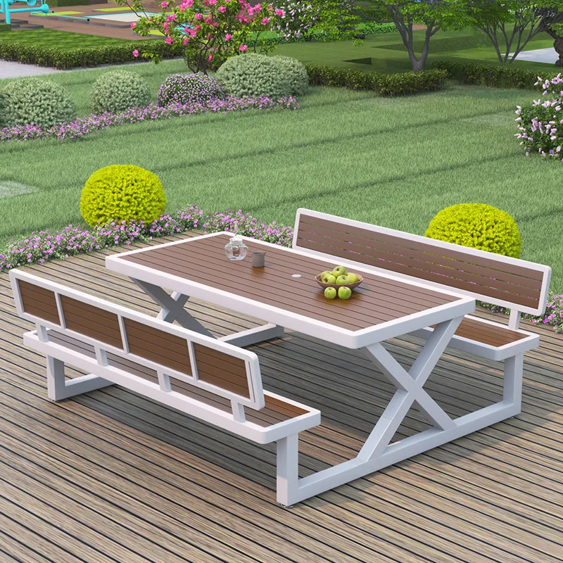 Outdoor plastic wood tables and chairs, homestay plaza courtyard leisure benches, waterproof and anti-noise outdoor connected