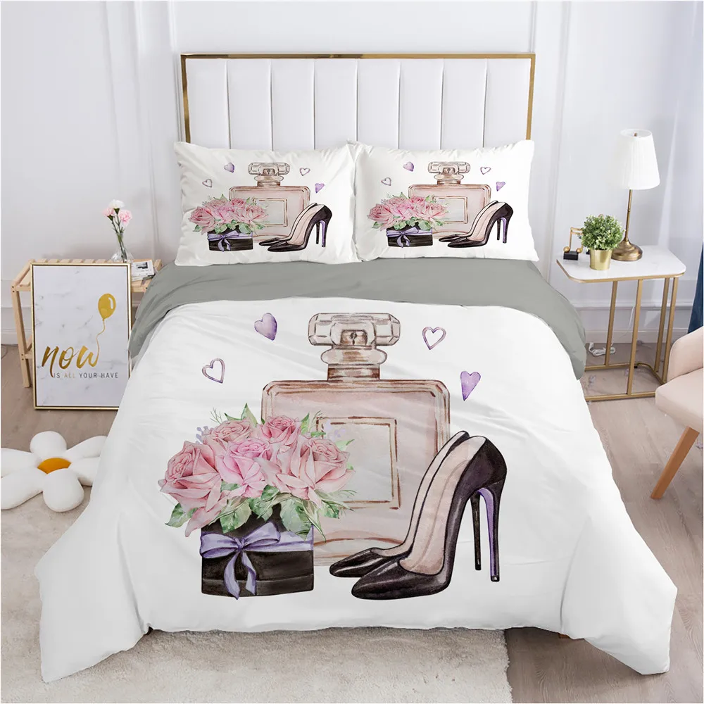 Perfume Floral Bedding Set Makeup Duvet Cover with Pillowcase Fashion Girls Women Comforter Cover Set Pink Polyester Quilt Cover