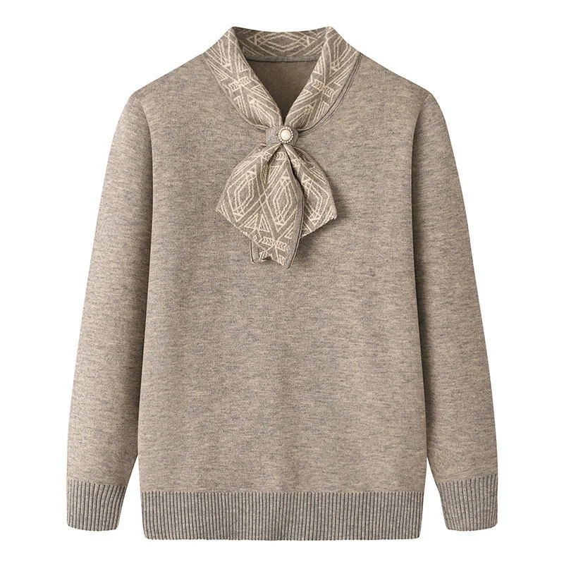 

Autumn Winter Middle-aged Women Knitted Sweater Bowknot-neck Fleece Thicken Bottom-shirt Soft Comfy Warm Pullover Casual Tops