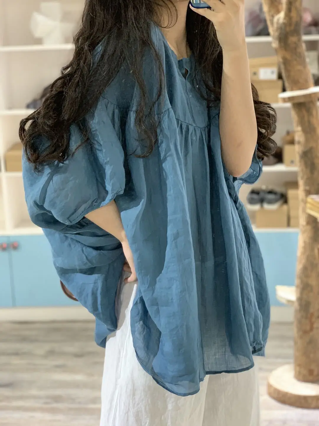 قميص نسائي فضفاض بتصميم فني عتيق، مقاس كبير، قميص صيفي كاجوال فضفاض بطراز قديم، بأزرار وياقة مستديرة وأكمام قصيرة
