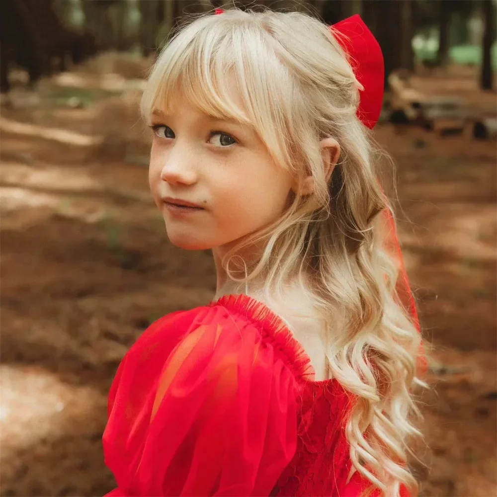 Gaun Gadis Bunga Merah untuk Pernikahan Tulle Bengkak Panjang Lutut Gaun Pesta Malam Perjamuan Formal Putri Klasik Disesuaikan