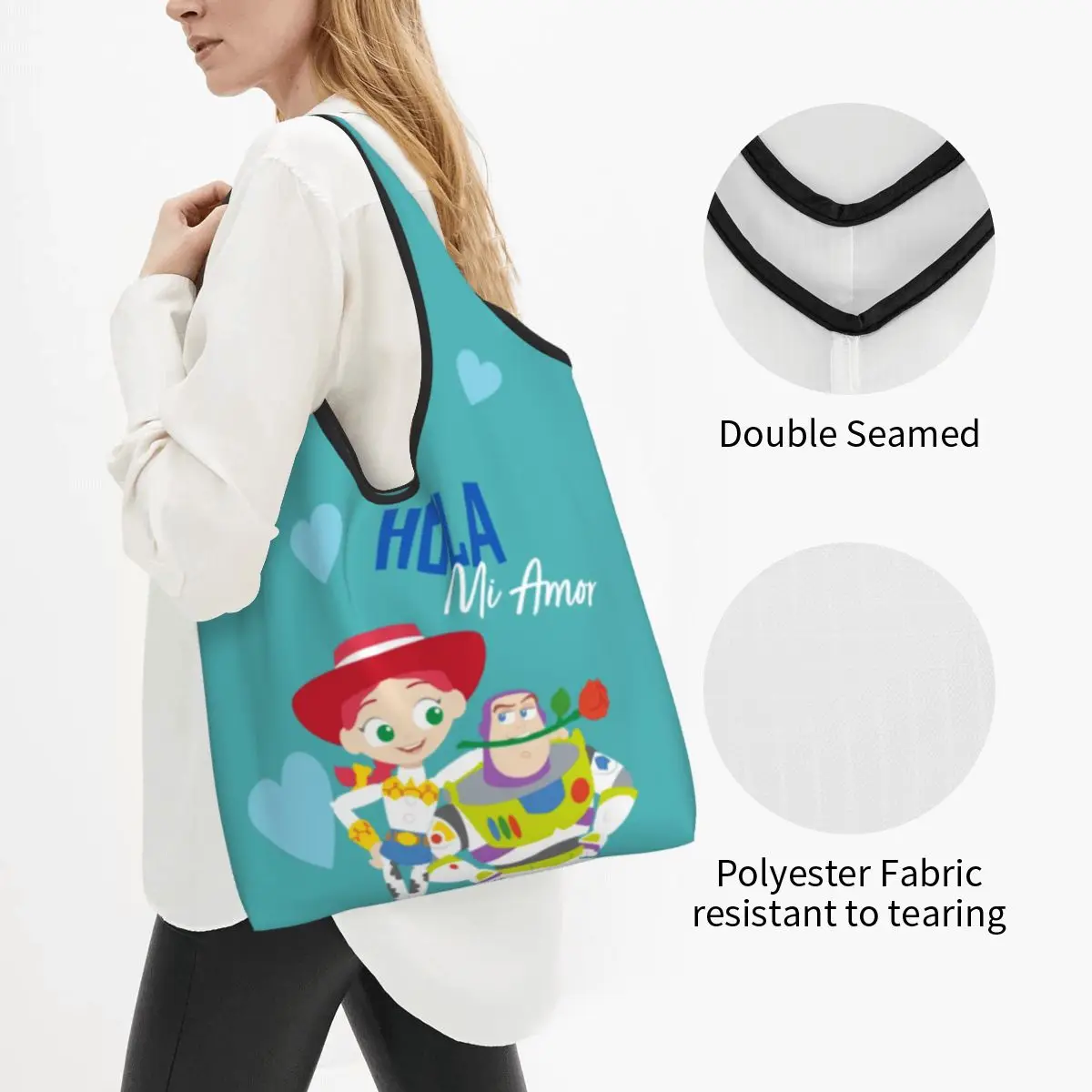 Custom Anime Toy Story Jessie Buzz Lightyear Shopping Bag Women Portable Big Capacity Groceries Cartoon Movie Tote Shopper Bags