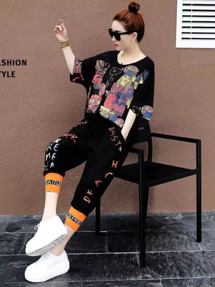 

Fashionable Casual Harlan Short Sleeve T-Shirt And Pants Set Women's Trendy Summer New Large Size Clothing Eighteen Shorts