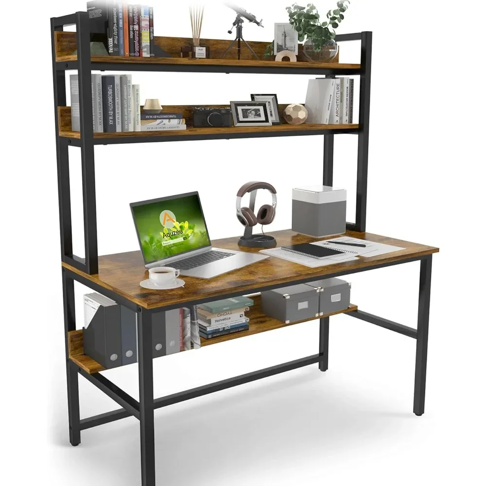 

School Desks.Computer Desk with Hutch, 47in Wide Desk with Shelves, Tall Home Office Desk with Bookshelf, Metal Legs Study Table