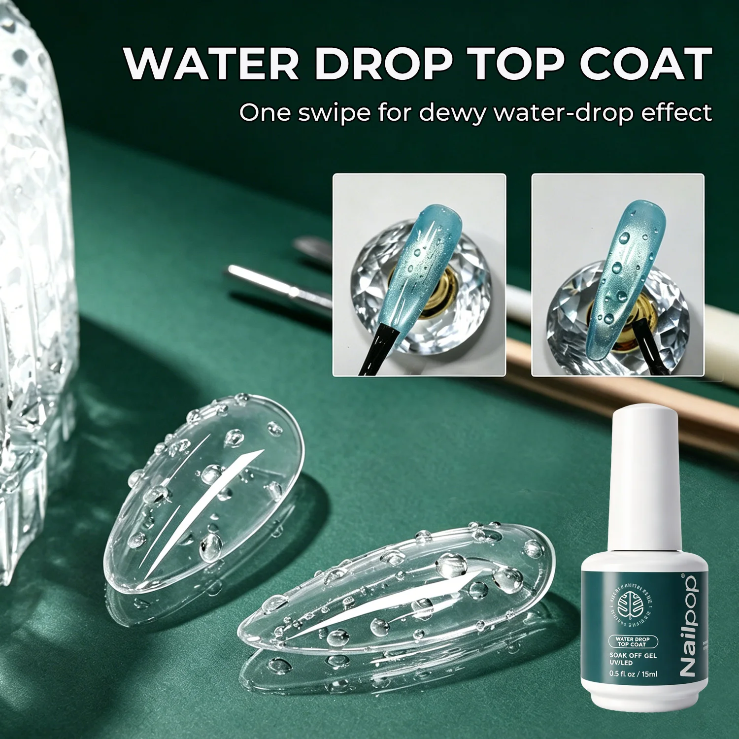 Nailpo HEMA/TPO Free Water Drop Top Coat Sin Capa Pegajosa, Autonivelante, Curado en 5 Segundos, Larga Duración, 15ml, Perfecto para Efecto 3D, Calidad 1/2pc