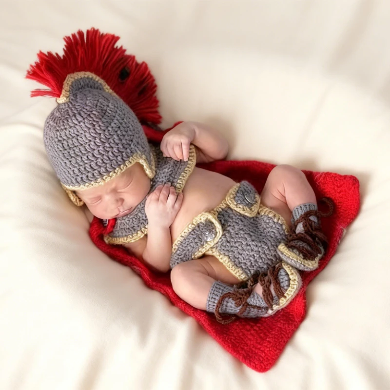 5Pcs/Set Newborn Photography Props Spartan Gladiator Costume Handmade Knit Baby Boy Photo Shoot Outfit Roman Warrior Suits
