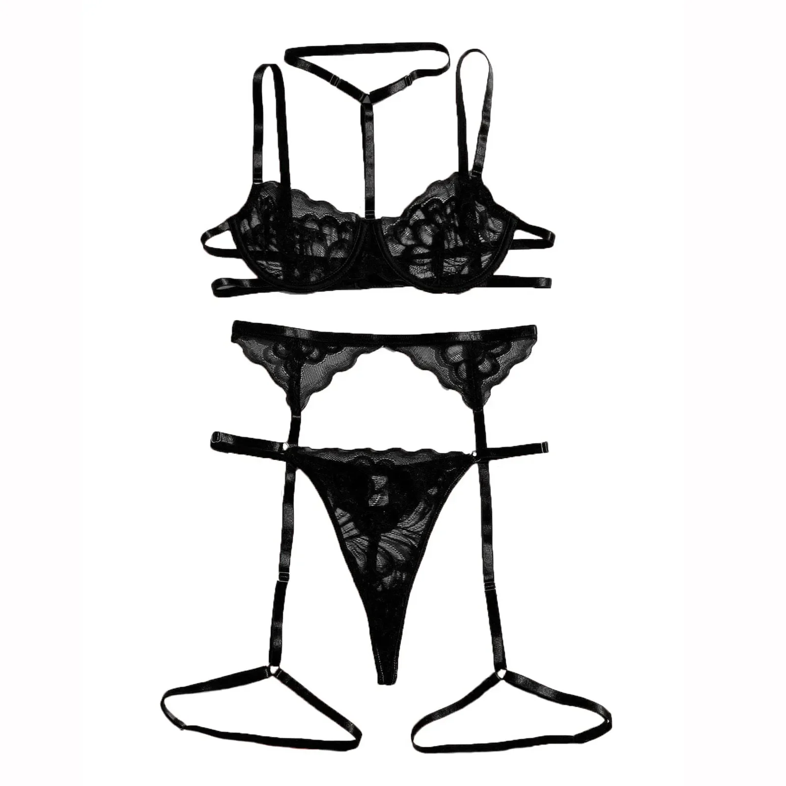 Sexy Lingerie erotica donna reggiseno giarrettiere perizoma Patchwork vedere attraverso Lingerie Set signore biancheria intima Sexy Set costumi Sexy porno