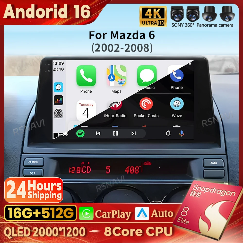 Android 16 Carplay Auto Qualcomm 2K QLED Bildschirm Autoradio für Mazda 6 2002-2008 GPS Multimedia Wifi 4G BT Navigation DSP