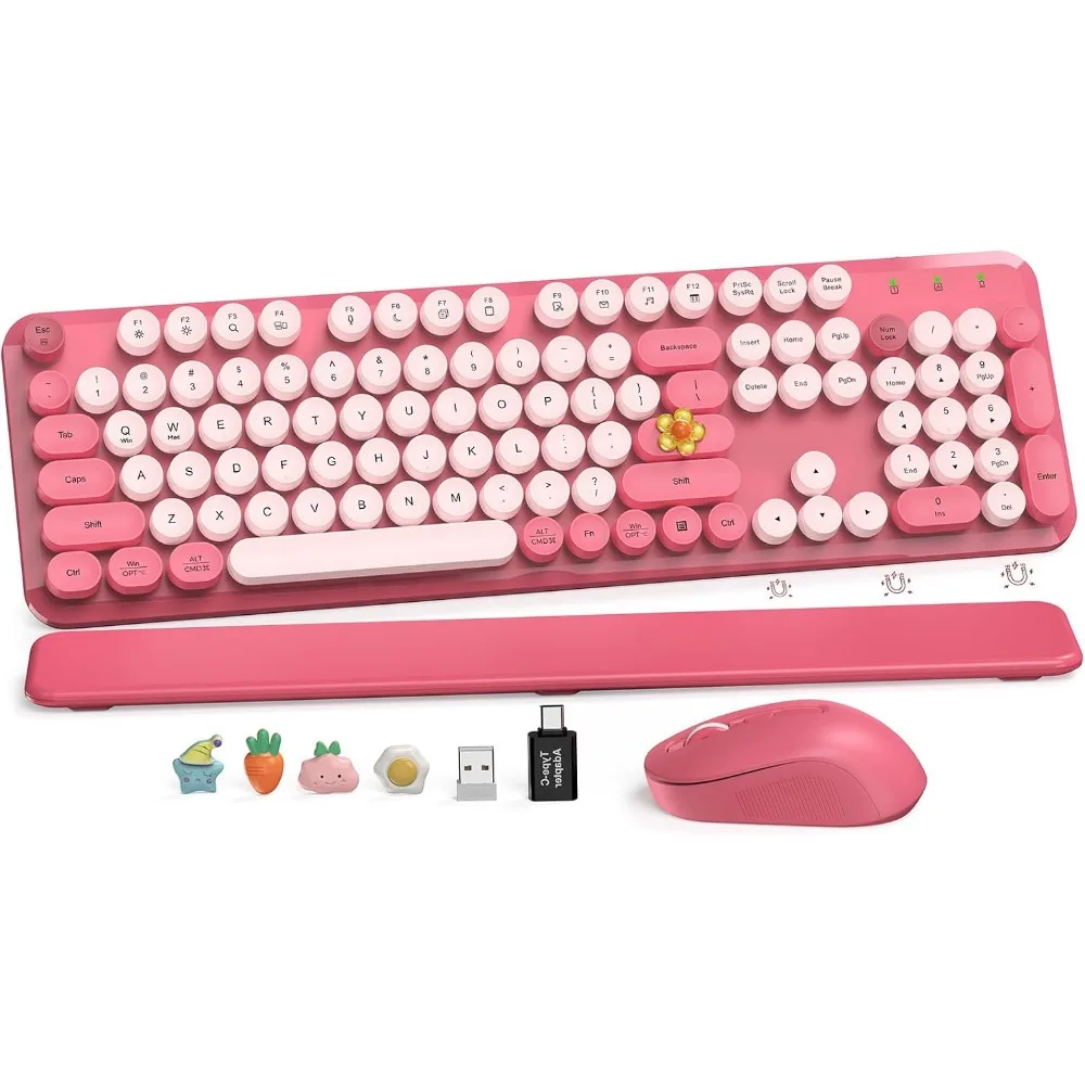 Full-Size Retro Typewriter Keyboard in Hot Pink with Round Keycaps, 2.4GHz Cordless Combo for Mac and Windows