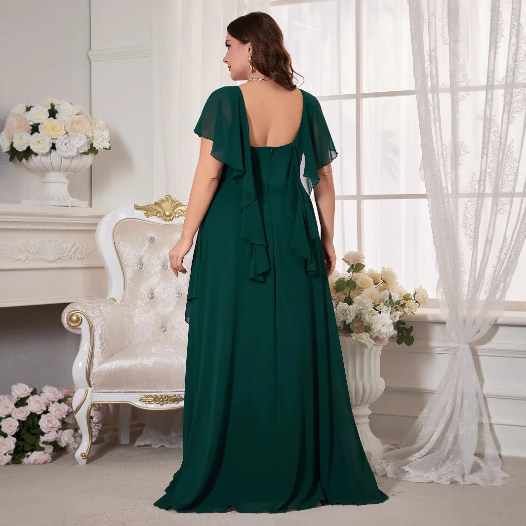 Plus Size Pure Color V-Ne Lantern Sve Asymmetrischer Saum Chiffon Dr. Sommer Hohe Taille Thiened Summer 2025