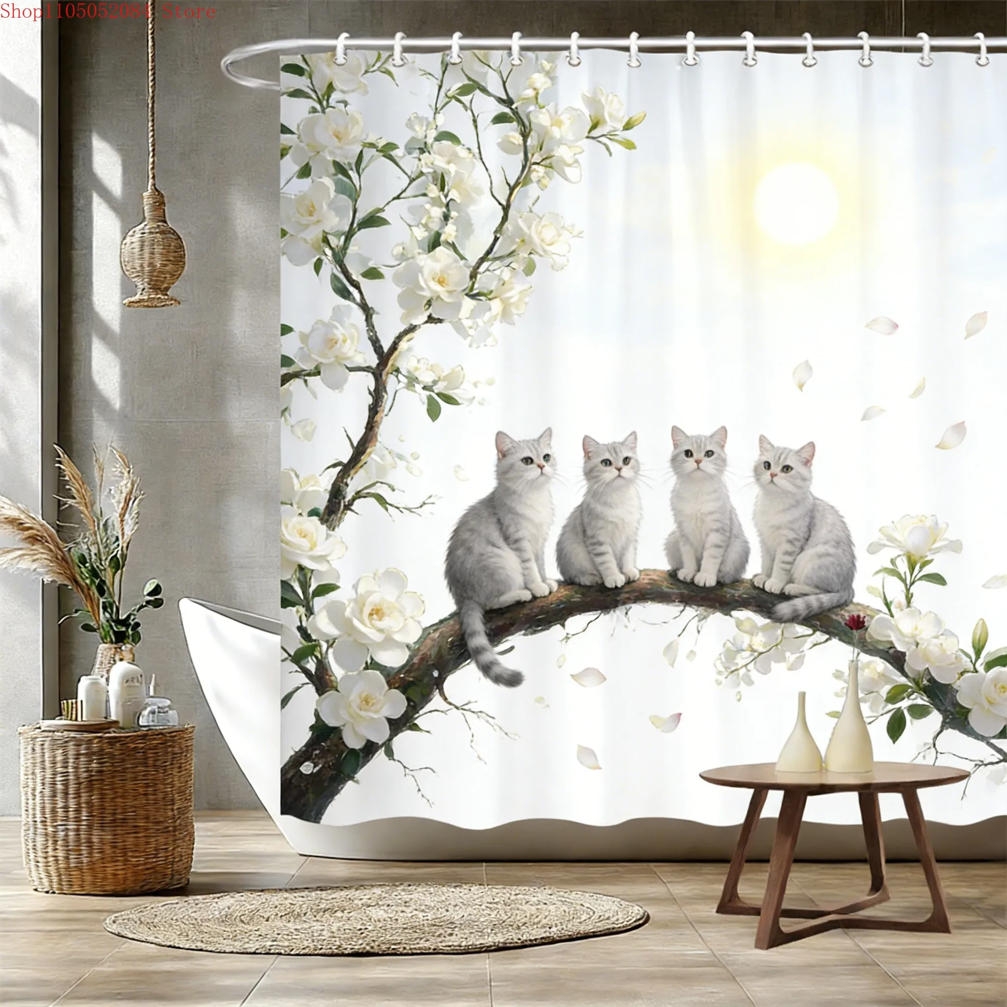 

Four White Cats on Magnolia Branch Waterproof Shower Curtain for Bathroom Decor