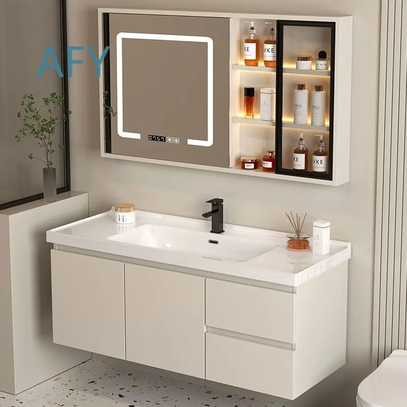 Smart Wall Mounted Solid Wood Multilayer Bathroom Cabinet with Ceramic Basin Square Mirror for Modern Small Bathrooms Storage