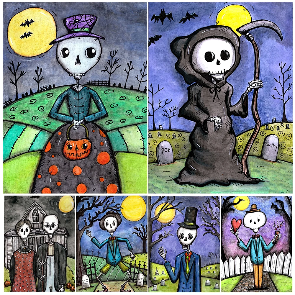 

Miss Madame Skeleton And Grim Reaper Abstract Wall Art Canvas Painting Skeleton Love Folk Art Poster Print Home Decor Unframed